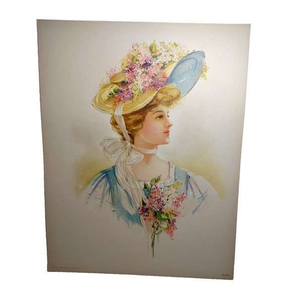 Victorian Art Print Women Fancy Flower Hat With Bouquet Lithograph 1908 Original - Picture 2 of 3